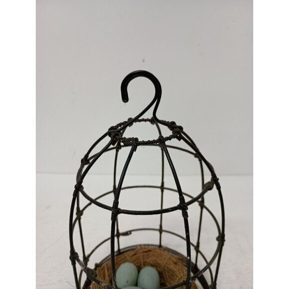 Vintage Metal Wire Cage With Bird Nest & Eggs Farmhouse Rustic Hanging Decor - Picture 2 of 9